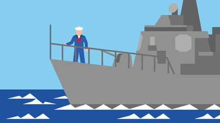 a man on a gray warship sailing through icy waters. © Abhinaya Project