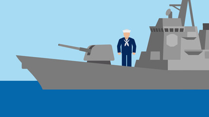 Gray naval warship with officer on deck. © Abhinaya Project
