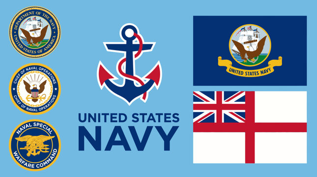 United States Navy insignia and flags.