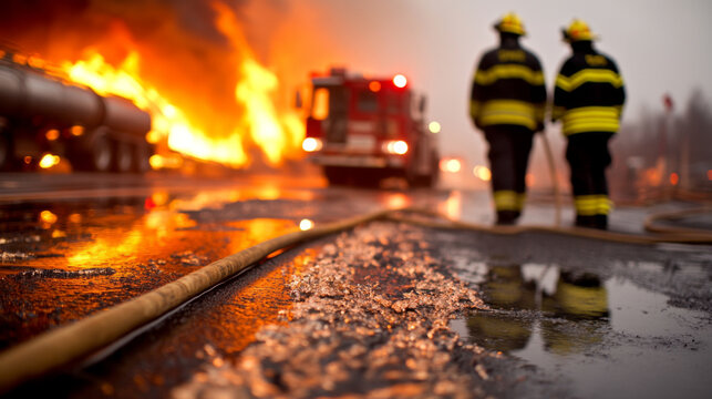 Fire truck wheel with active fire scene in background