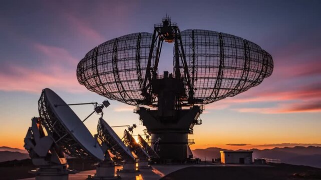 Radio Telescope Array at Sunset with Brilliant Sky and Sunbeams Casting Long Shadows