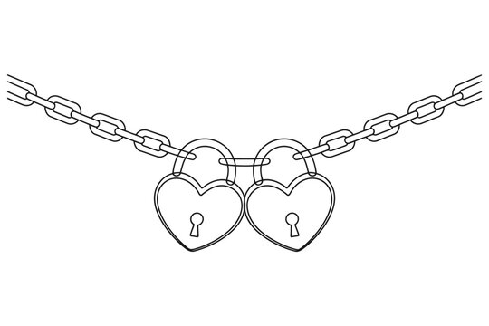 Two connected heart shaped padlocks with chain security together connection marriage commitment protection guarantee illustration minimalist symbolic attachment fortress restriction