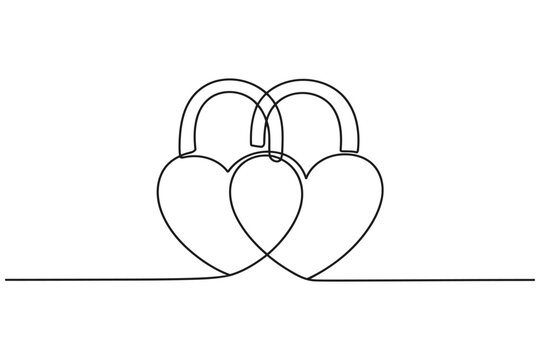 Two intertwined heart shaped locks continuous line art on a white background security connection togetherness romantic valentines marriage relationship illustration minimalist abstract