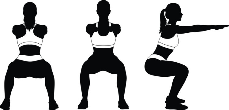 Woman squat workout silhouette set with exercise training body movement poses