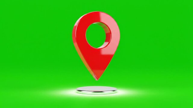 Red location marker hovering above silver platform on vibrant green screen background