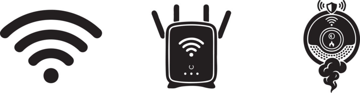 Black wifi icons including router and security camera