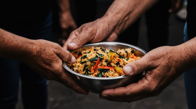 Hands exchange bowl of rice with vegetables. One person gives food to another. Social help concept. Sharing meal with needy person. Hope for better life.
