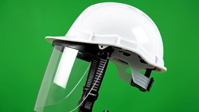 Close-up of a white construction helmet with a clear face shield against a green background