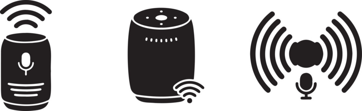Black smart speaker icons with microphone and wifi signal
