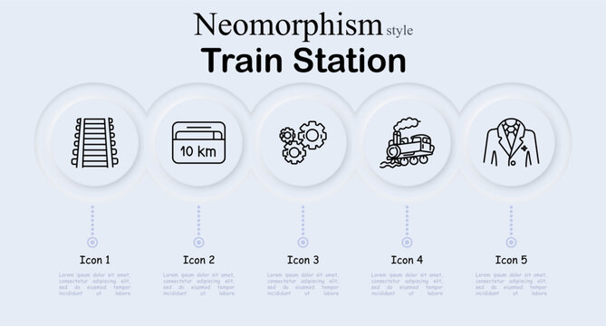 Train station set icon. Neomorphism style interface with railway track, ticket card, gear cluster, steam locomotive, formal uniform jacket. Soft round buttons, thin outline symbols, pale layout