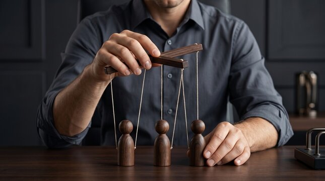 Man controlling wooden puppets on strings symbolizing manipulation and influence in a dark office setting