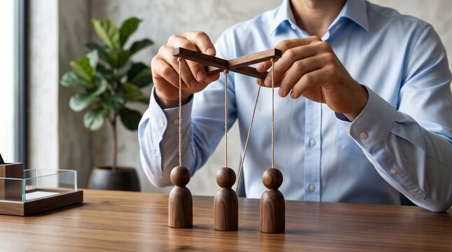 Man controlling wooden puppets on strings symbolizing influence and leadership in a modern office setting with natural light