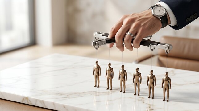 Businessman controlling puppets on strings with marionette controller on marble surface