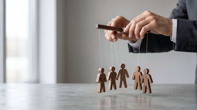 Businessman controlling wooden puppet people on strings symbolizing leadership and manipulation in a modern office setting with a blurred background