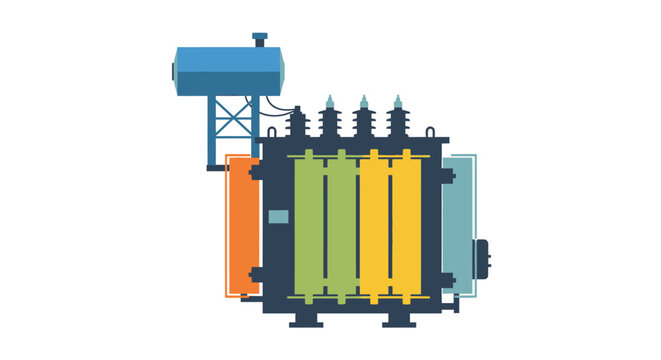 Electrical transformer silhouette with cooling fins and tank flat vector illustration silhouette