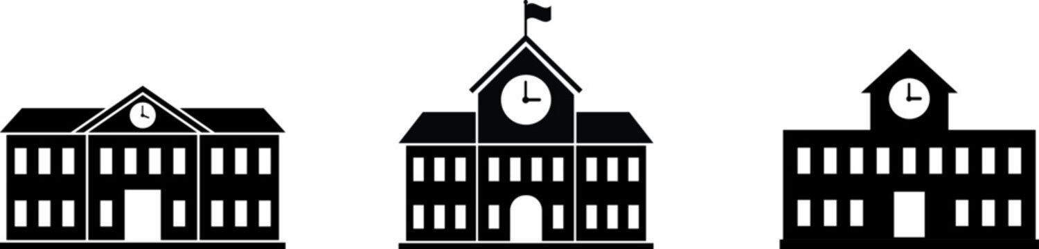 School building icon set in black silhouette style, clean vector illustration.
