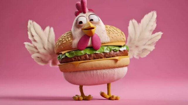 Funny cartoon chicken character wearing a hamburger costume stands against a pink background, showcasing a playful and humorous design while creating a lighthearted atmosphere