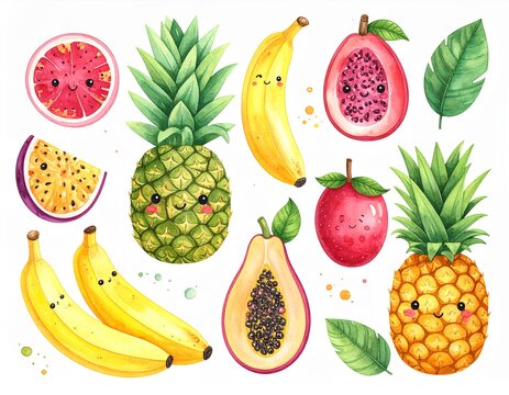 Kawaii Tropenfr&uuml;chte als Aquarell-Sticker Set