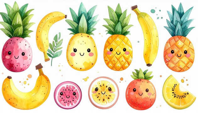 Kawaii Tropenfr&uuml;chte als Aquarell-Sticker Set
