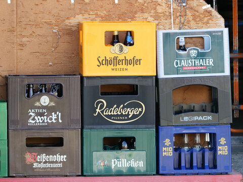 Germany, Clausthal - Zellerfeld, May 13. 2026, Various types of German beer in cases: Sch&ouml;fferhofer, Clausthaler, Radeberger, Zwickel, P&uuml;lleken