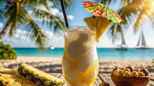 Tropical paradise scene with a refreshing cocktail, pineapple, and macadamia nuts on a wooden table near the beach and ocean on a sunny day