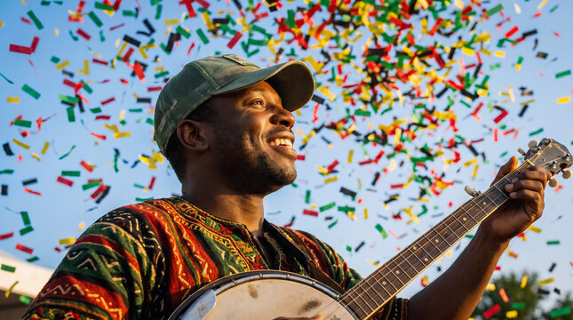 African American man playing banjo under blue sky with confetti, joyful music portrait celebrating Juneteenth and Black History Month