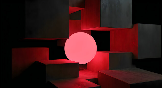 Minimalist red glowing sphere floating among abstract dark geometric cubes in dark space.