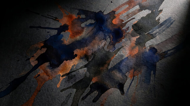 Abstract ink and watercolor paint splashes on a textured grunge background
