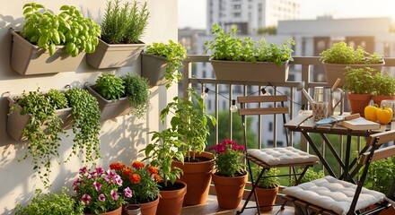 Fototapeta premium Urban balcony garden with potted plants and city view at sunset