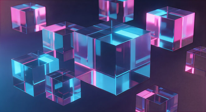 Transparent glass cubes with vibrant neon blue and pink light reflections on a dark background.