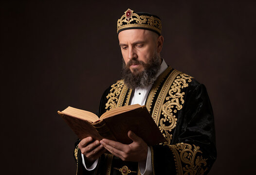 Devout orthodox minister with beard studying sacred text book