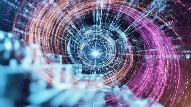 A futuristic abstract image featuring vibrant pink and blue circular digital patterns resembling a tunnel or wormhole with a glowing center