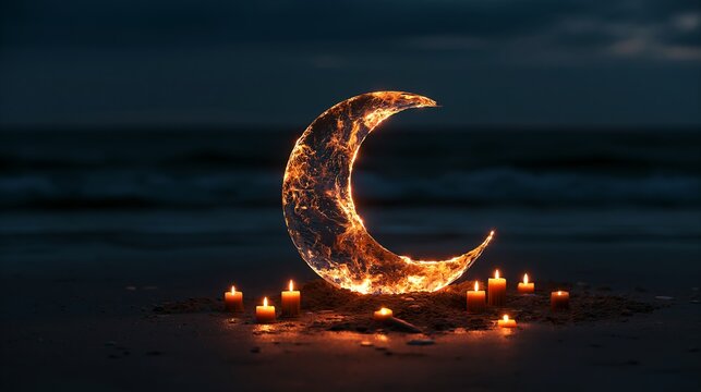 A glowing crescent moon sculpture sits on the sandy beach surrounded by many lit candles tonight