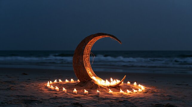 Decorative crescent moon structure surrounded by glowing candles on a peaceful sandy beach at night time