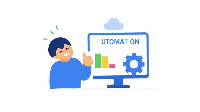 Animated flat character giving a thumbs up next to a computer screen showing automation text. Minimalist concept animation for business process automation and dynamic growth data chart.