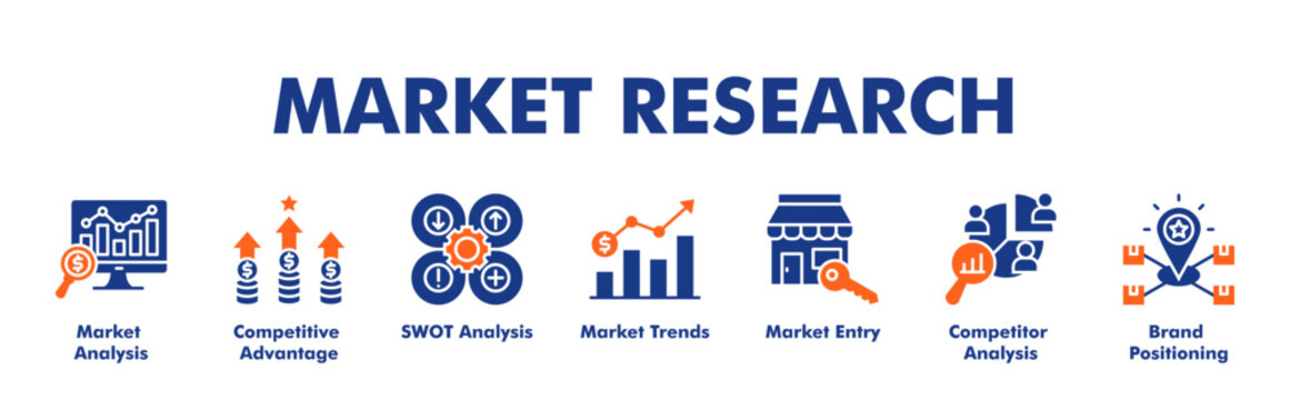 MARKET RESEARCH web banner icon vector illustration concept for business with icon of Market Analysis, Competitive Advantage, SWOT Analysis, Market Trends, Market Entry, Competitor Analysis.