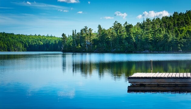 a summer day with a calm blue lake and a wooden dock in the foreground in algonquin provincial park ontario canada the water reflects the clear sky surrounded by lush green trees along the shore