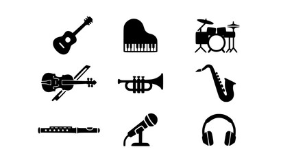 Minimal musical instrument silhouette icon set vector illustration band music symbols isolated white background © MDSAKIB