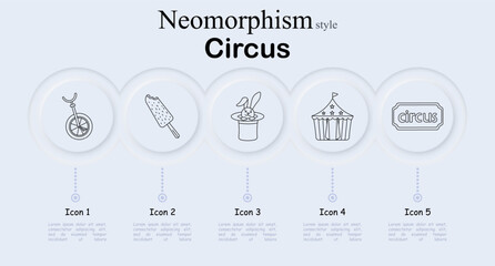 Circus set icon. Unicycle wheel with saddle, ice cream popsicle snack, magician hat with rabbit trick, circus tent with stars, circus signboard label. Neomorphic circular buttons © Anastasia