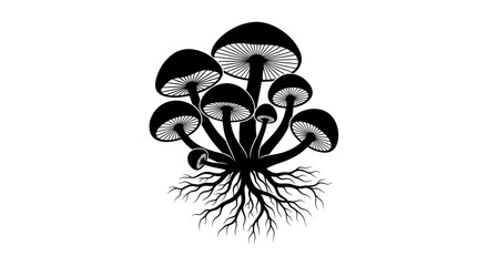 Group of mushrooms with root system black and white silhouette © Sakib