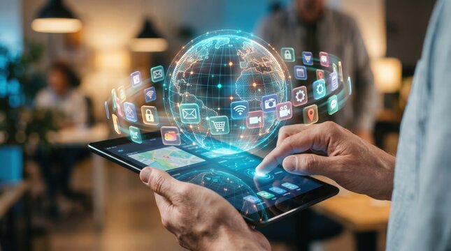 Global Digital Connectivity: A person's hands use a tablet device, displaying a holographic globe surrounded by a constellation of application icons.