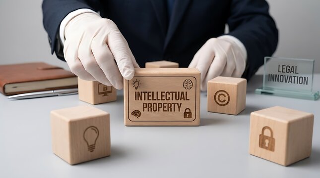 Hands in gloves arranging wooden blocks representing intellectual property, innovation, and legal protection with icons of lightbulb, brain, and lock.