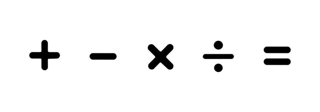 Math symbol set including addition, subtraction, multiplication, and division. Designed for school and learning themes.