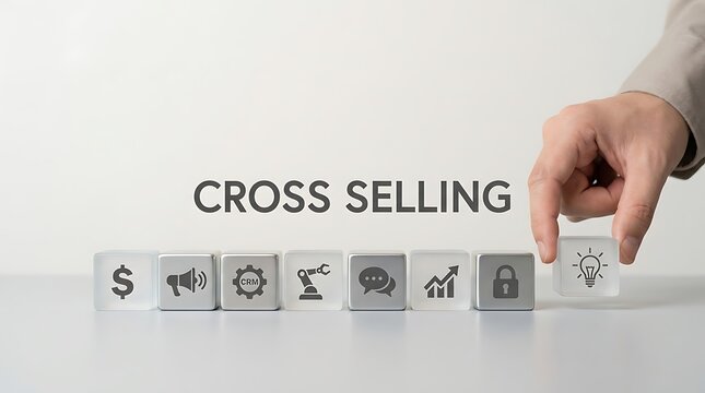 Hand placing lightbulb cube to complete sequence of business icons representing cross selling strategy and idea generation for growth.
