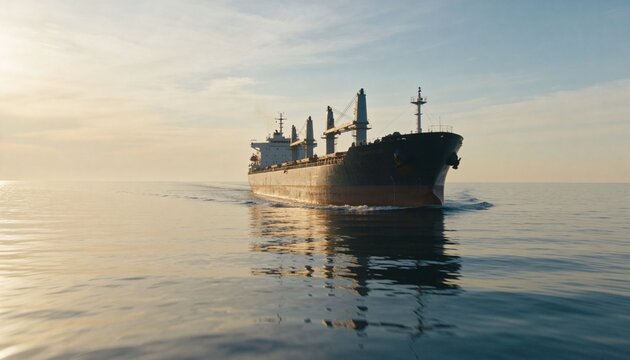 Cruising bulk cargo ship creating narrow wake on calm sea, with rust-streaked hull and deck cranes