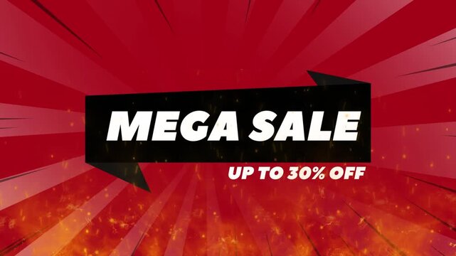 Animated mega sale banners with up to 30 percent off discounts on red background with flames