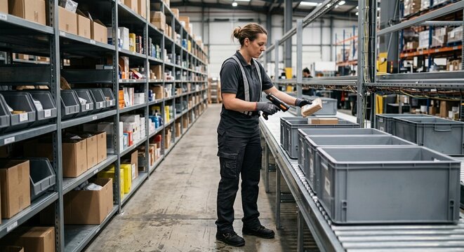 Warehouse picker assembling last-mile delivery totes beside a barcode scanner