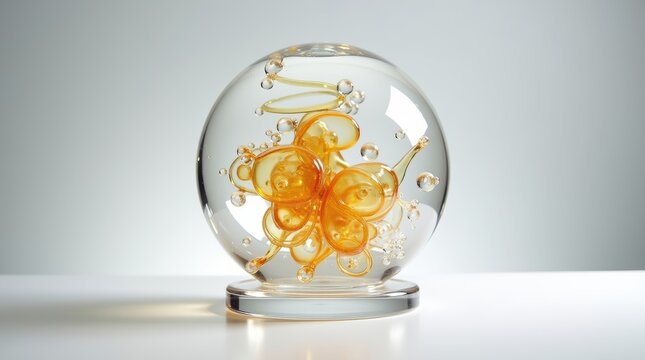 Decorative glass paperweight with orange swirls and floating bubbles inside a clear sphere