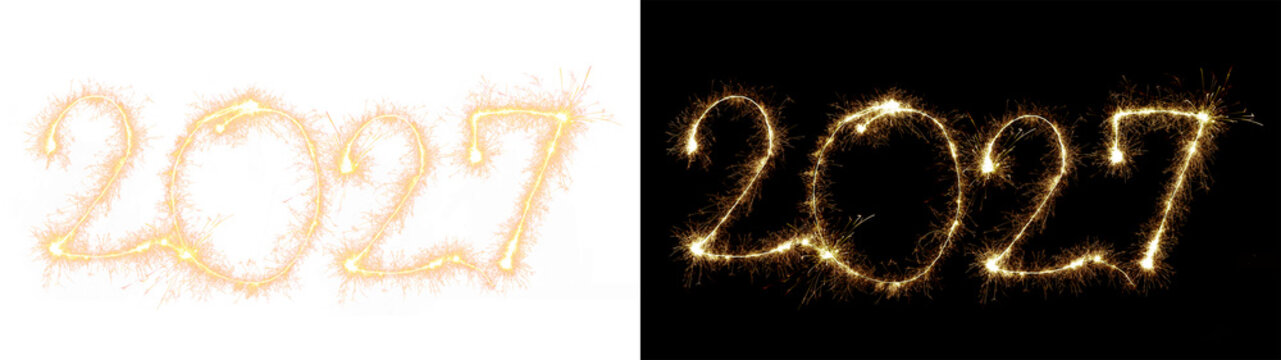 new year's eve, silvester, new year, celebration greeting card, new year card - Golden year 2027 in sparkler font text firework fireworks pyrotechnic, isolated on black and transparent background png