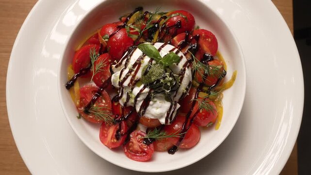 Appetizing Italian burrata cheese salad with cherry tomatoes, pesto, and balsamic vinegar, fa01